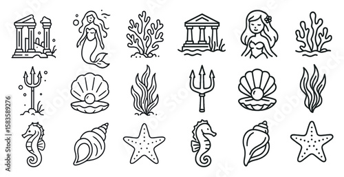 Set of ocean-themed icons, including a mermaid, a starfish, a seahorse, a shell, and a fish