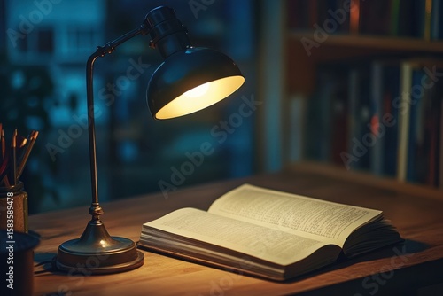 A cozy study space with a lamp illuminating an open book in the evening light