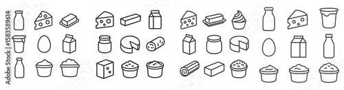 Collection of food items such as milk, cheese, and eggs. The image is in black and white and has a simple, clean look