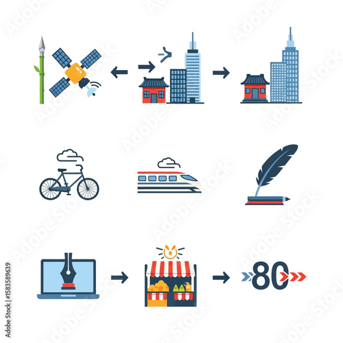 Visual representation of a conceptual workflow showcasing diverse technological and societal