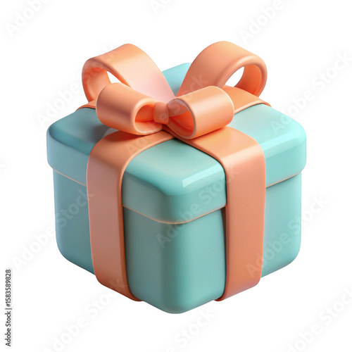 A stylized 3d rendered gift box with a peach ribbon and bow isolated on transparent background