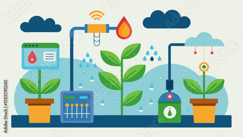 An automated watering system using realtime weather data and soil moisture sensors to deliver just the right amount of water for each individual plant.. Vector illustration