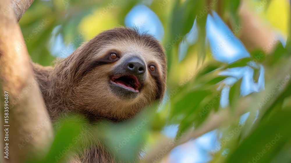 Fototapeta premium Happy sloth resting on a tree branch, surrounded by lush green foliage in a vibrant forest