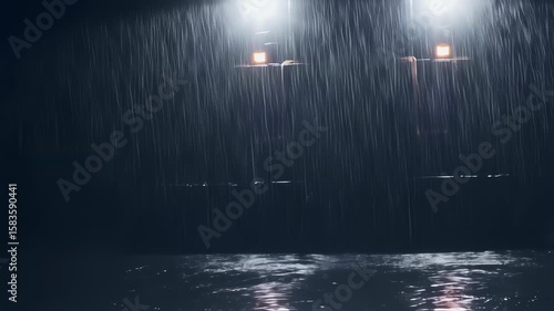 Rainstorm over floodwaters at night
