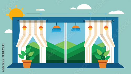 Automated curtains in a greenhouse opening and closing based on temperature and sunlight levels to optimize energy usage.. Vector illustration