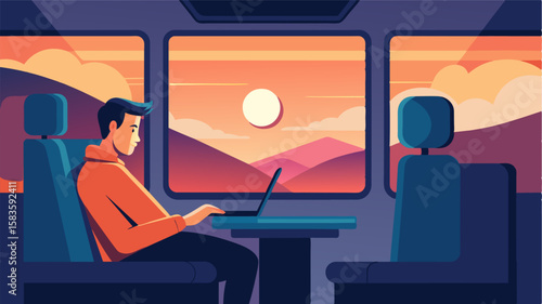 As the sun set over the horizon the digital nomad sat back and relaxed in their train compartment a warm breeze rustling through the open window as they finished up their work for. Vector illustration