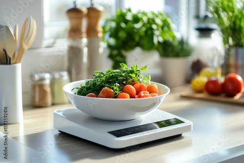 Fresh vegetables and herbs on a digital kitchen scale in a sunlit cooking space
