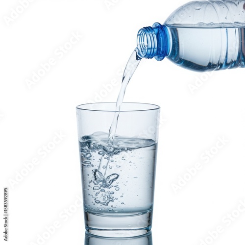 Clear water being poured from a plastic bottle into a glass isolated on white background