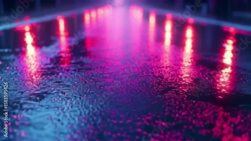 Wet street with red light reflections creating a vibrant abstract and surreal urban scene