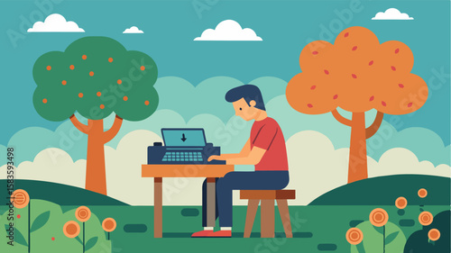 The sound of a typewriter fills the air of the farmyard as a freelancer works under the shade of an apple tree. The clickclack of the keys and the rustling of leaves create a. Vector illustration