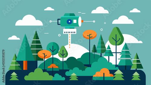 An AIpowered forest monitoring system collects and analyzes data on weather soil moisture and tree growth patterns providing valuable insights for improved forest management.. Vector illustration