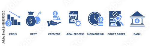 Bankruptcy banner web icon vector illustration concept with icon of crisis, debt, creditor, legal process, moratorium, court order, and bank