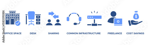Coworking banner web icon vector illustration concept with icon of office, workspace, desk, sharing, common infrastructure, freelancer, and cost saving