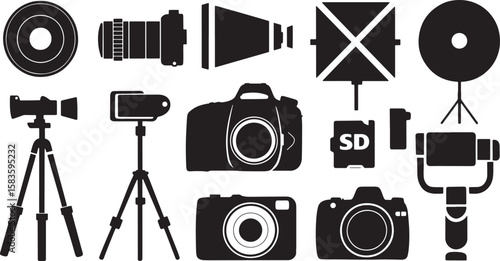 Photography Equipment Icons Set Black Silhouette on Transparent Background Camera Lens Tripod Flash Gimbal SD Card Photography