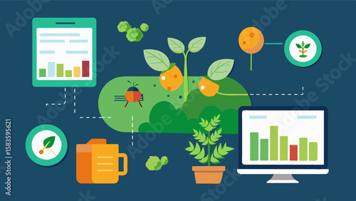 Any input or intervention on the crops such as pest control or disease management is logged into the digital platform providing a comprehensive record of the crops journey.. Vector illustration