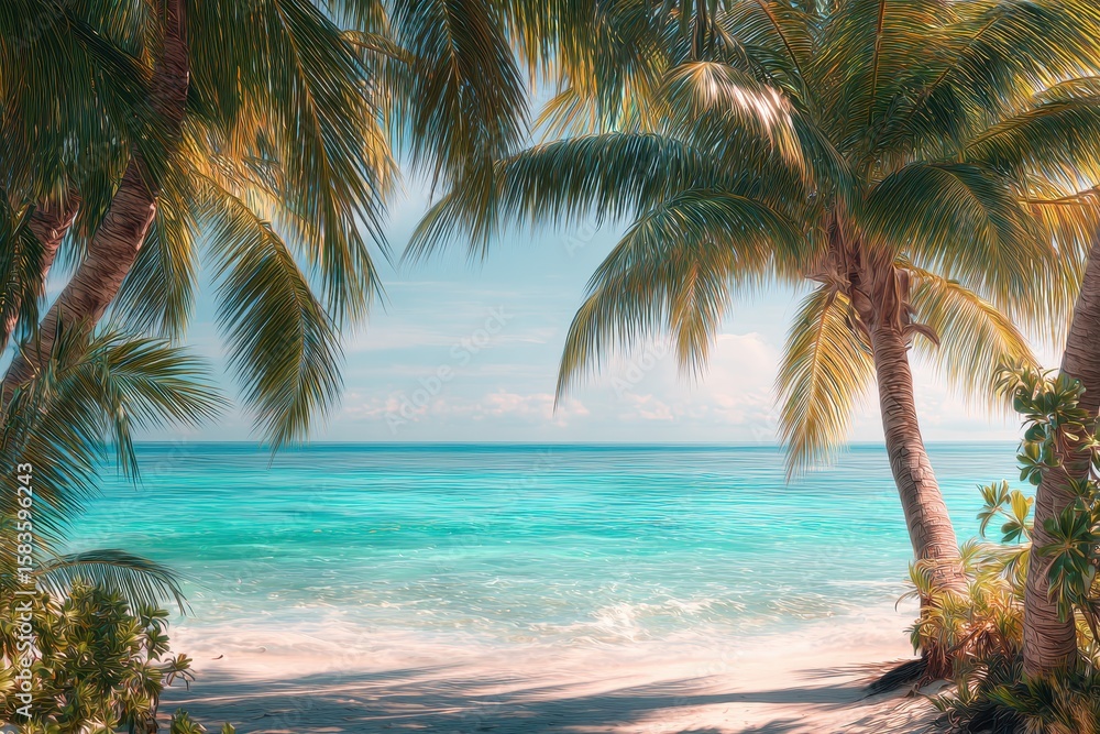 Fototapeta premium Tropical beach framed by palm trees, with turquoise water and white sand shore scene