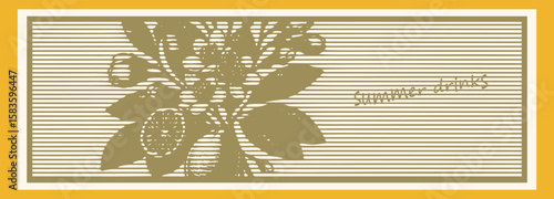  Heavy lined effect hand draw banner design of lemon branch with flower olive color vector illustration for vintage style, natural decoration, botanical art, organic theme, rustic emblem