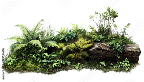 Green Landscape with Moss and Plants on Wood Base isolated on transparent background