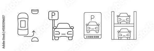 Smart parking direction guide ticket automation stacked car garage vehicle transport symbol urban mobility line icon collection.