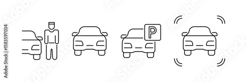 Car valet parking service automatic sensor vehicle transportation smart system automobile driver urban mobility line icon set.