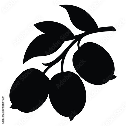 A stylized black silhouette of a branch with three ripe olives and leaves against a clean white background representing natural produce and simplicity