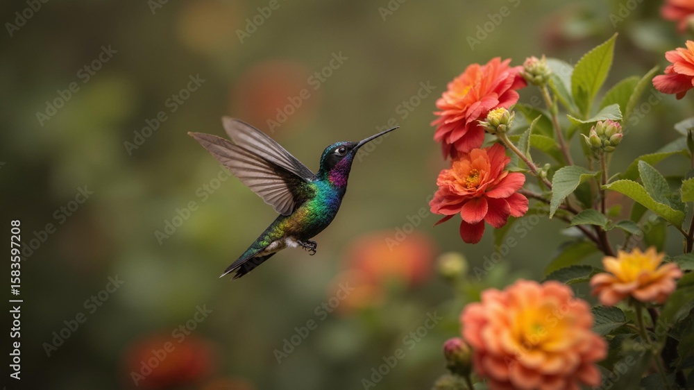 Naklejka premium A beautiful hummingbird hovering around flowers
