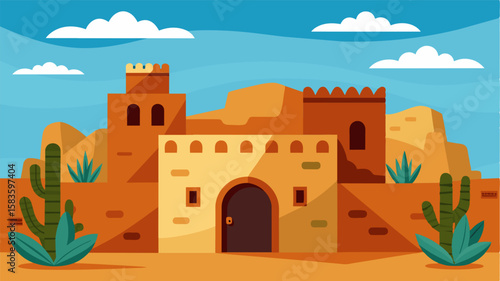 The rustic adobe walls are adorned with colorful traditional desert artwork adding a touch of culture to your workation experience.. Vector illustration