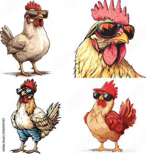 The happy Hen is styling like a rapper and wearing sunglasses vector style on white background