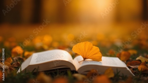 A book is on grass with autumn leaves and ginkgo leaf
