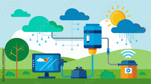 An illustration of a smart irrigation pump connected to a weather forecast system. The pump can adjust its water usage based on the predicted rainfall saving water and preventing. Vector illustration