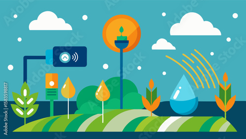 An illustration displaying how realtime soil moisture sensors integrated with weather forecasts help farmers plan irrigation in advance for optimal crop growth.. Vector illustration