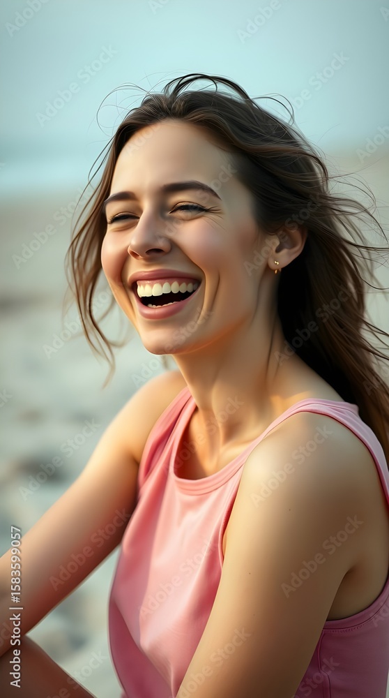 Ethereal cinematic fine art photograph A candid daytime shot of a laughing Polish woman with natural skin and minimal makeup, wearing a pink sleeveless top, sitting casually on a beach. Ethereal cinematic fine art photograph A candid daytime shot of a laughing Polish woman with natural skin and minimal makeup, wearing a pink sleeveless top, sitting casually on a beach.