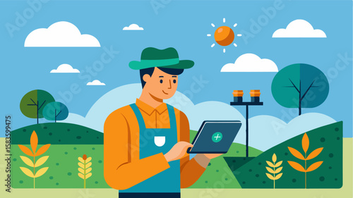 An illustration of a farmer using a remote farm management app to track the health and growth of their crops through satellite imagery.. Vector illustration