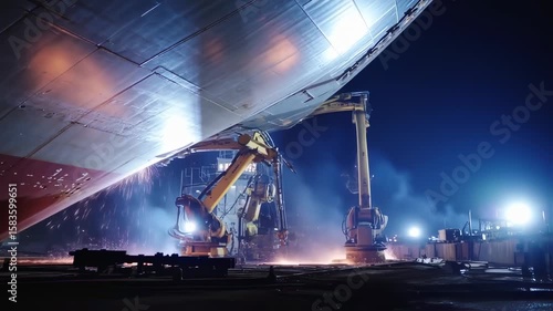 Ship hull maintenance at night