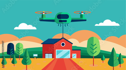 An AIpowered drone flying over a farm using thermal imaging to detect areas of low soil moisture and sending alerts to farmers.. Vector illustration