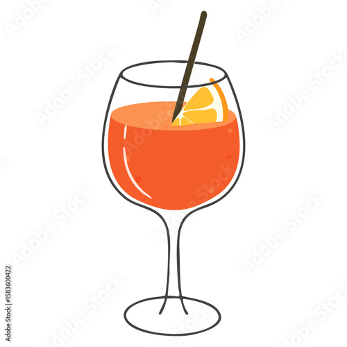 Aperol Spritz Cocktail with Orange Slice and Straw in Stemmed Glass