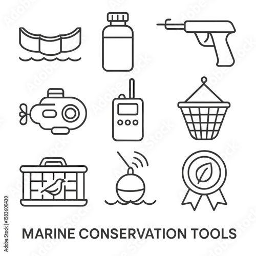 Marine Conservation Icon Set. Line style icons of Marine Conservation Tools: containment boom, water sampler bottle, tagging gun,