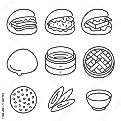 Bao Bun Icons. Line style icons of Bao Bun Varieties: pork belly bao, chicken bao, vegetarian bao, custard bao, bao steamer basket