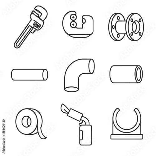 Plumbing Tools Line Icons. Line style icons of Plumbing and Pipefitting: pipe wrench, tube cutter, flange joint, pipe segment, PVC