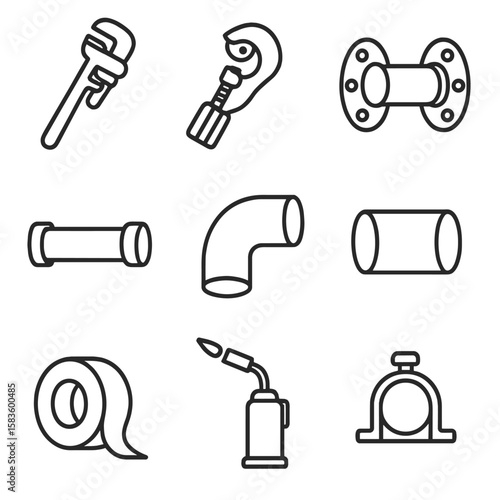 Plumbing Tools Line Icons. Line style icons of Plumbing and Pipefitting: pipe wrench, tube cutter, flange joint, pipe segment, PVC