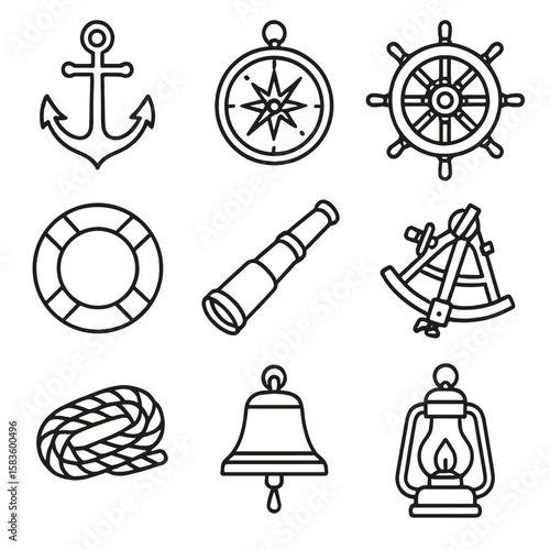 Nautical Instruments Icons. Line style icons of Nautical Instruments: anchor, compass, ship’s wheel, life buoy, telescope, sextant