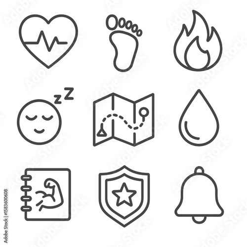 Fitness Tracker Icons. Line style icons of Fitness Tracker Features: heart rate, steps counter, calorie burn, sleep monitor, GPS