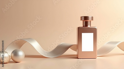 Rose Gold Perfume Christmas Mockup on Sand Beige Background