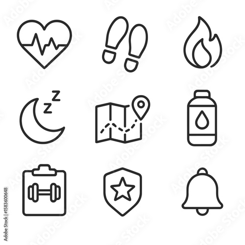 Fitness Tracker Icons. Line style icons of Fitness Tracker Features: heart rate, steps counter, calorie burn, sleep monitor, GPS