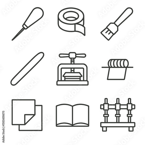 Bookbinding Tools Illustration. Line style icons of Book Binding & Repair: stitching awl, tape roller, glue brush, spine reback