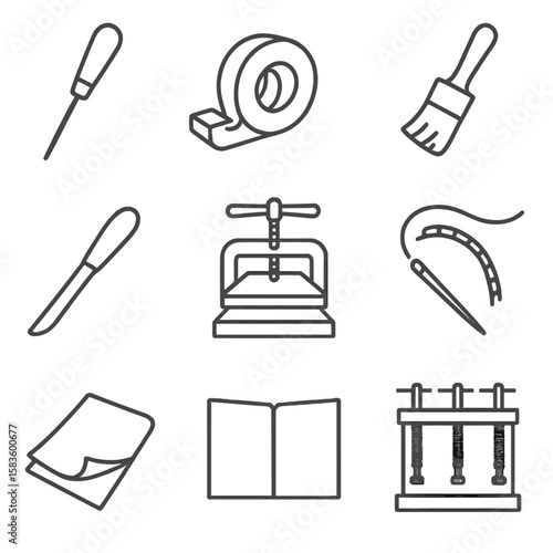 Bookbinding Tools Illustration. Line style icons of Book Binding & Repair: stitching awl, tape roller, glue brush, spine reback