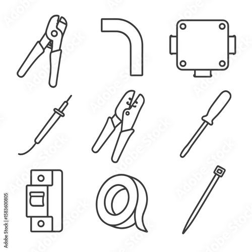 Electrical Tools Icons. Line style icons of Electrical Installation Tools: wire stripper, cable conduit, junction box, multimeter