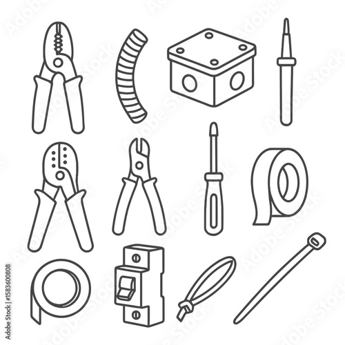 Electrical Tools Icons. Line style icons of Electrical Installation Tools: wire stripper, cable conduit, junction box, multimeter