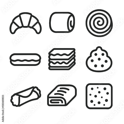 Decadent Pastry Icons. Line style icons of Decadent Pastries silhouette: croissant, pain au chocolat, Danish swirl, eclair,