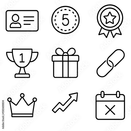 Loyalty Program Icons. Line style icons of Loyalty Program: membership card, points counter, reward badge, tier trophy, redeem